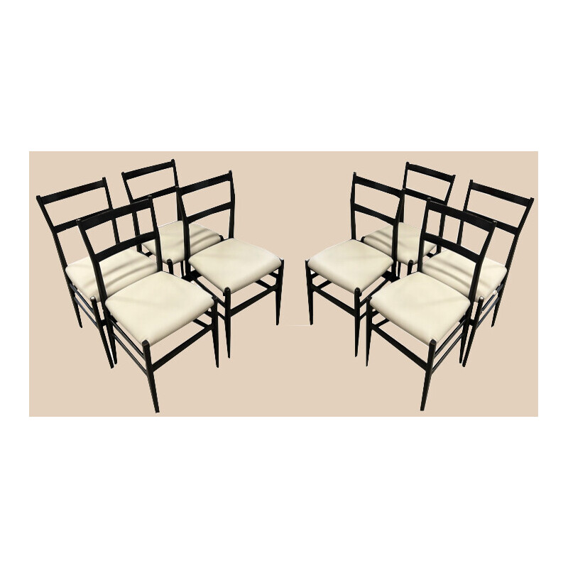 Set of 8 vintage Leggera chairs in ash and leather by Gio Ponti for Cassina, 1955