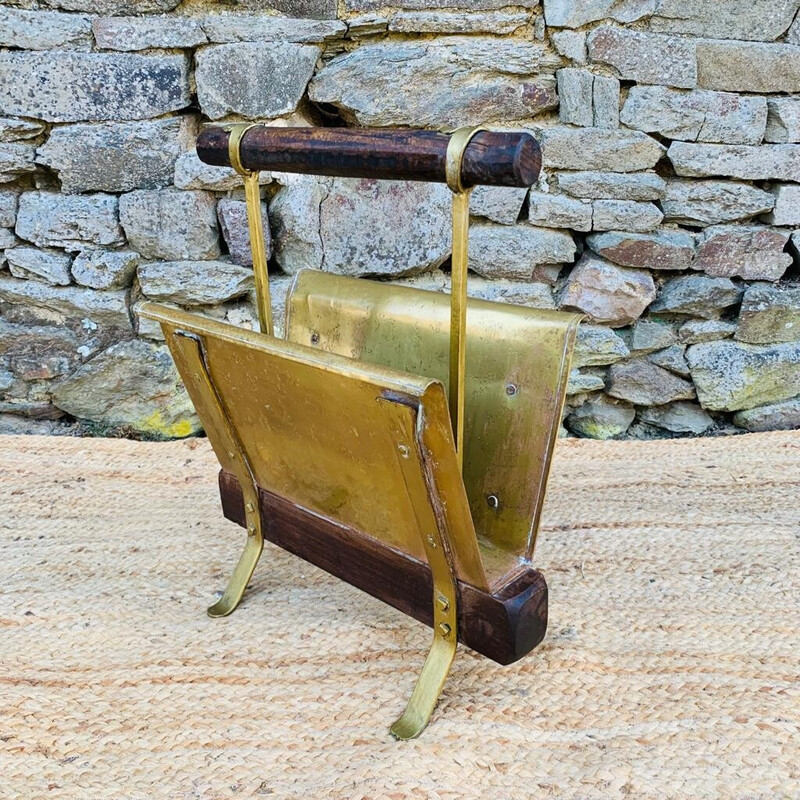 Vintage magazine rack in wood and brass