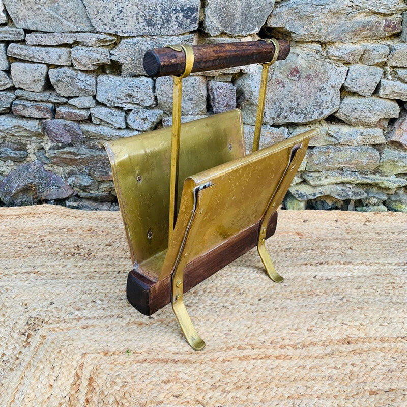 Vintage magazine rack in wood and brass
