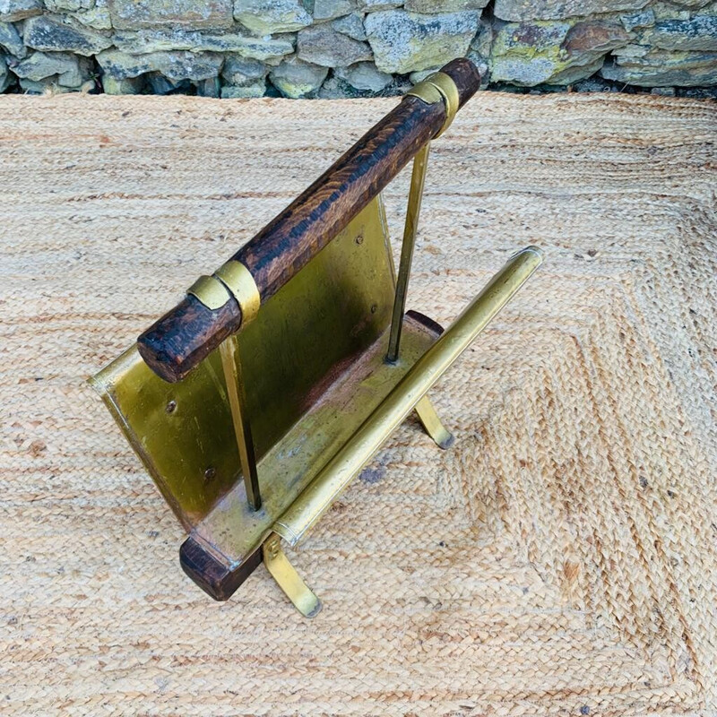 Vintage magazine rack in wood and brass