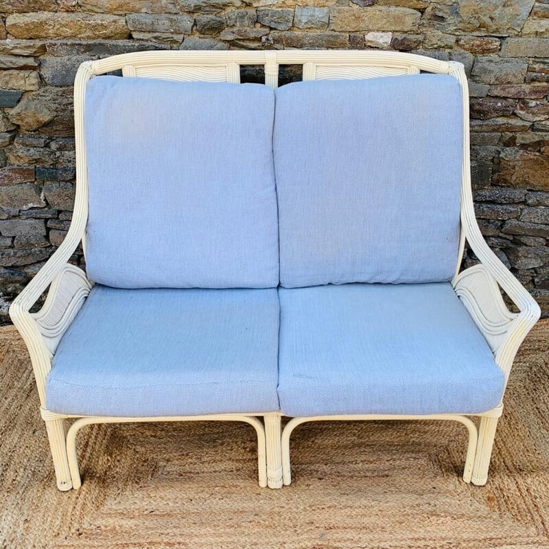 Vintage 2-seater sofa in rattan and bamboo