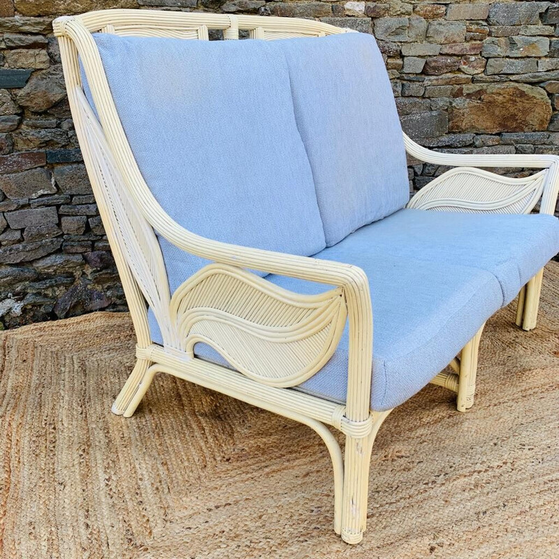 Vintage 2-seater sofa in rattan and bamboo