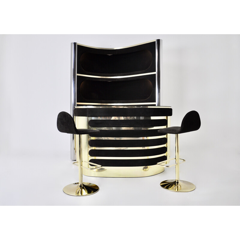 Vintage bar with 2 stools in black suede and chrome metal, 1970