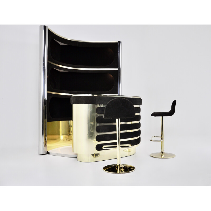 Vintage bar with 2 stools in black suede and chrome metal, 1970