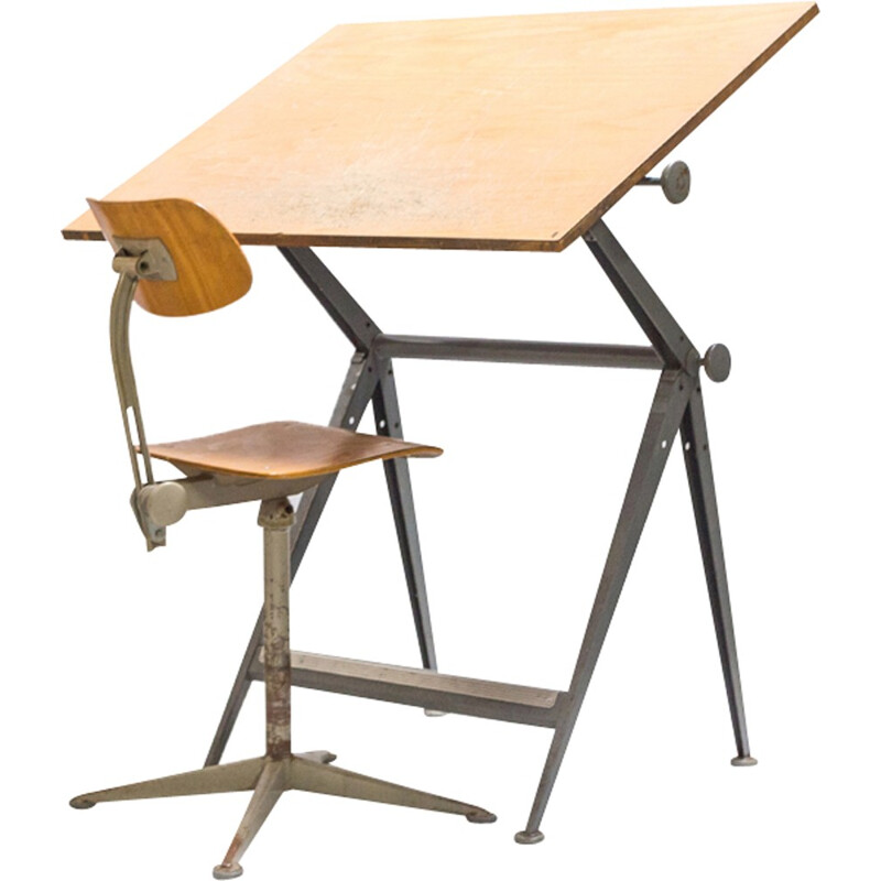 Vintage drawing board in plywood and metal produced by Friso Kramer - 1960s