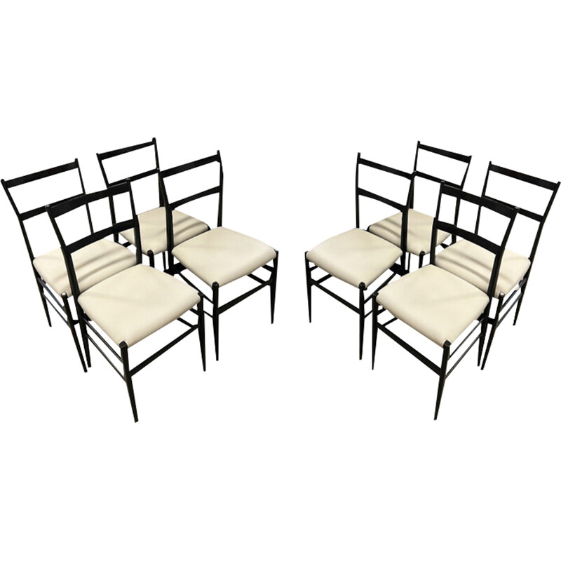 Set of 8 vintage Leggera chairs in ash and leather by Gio Ponti for Cassina, 1955