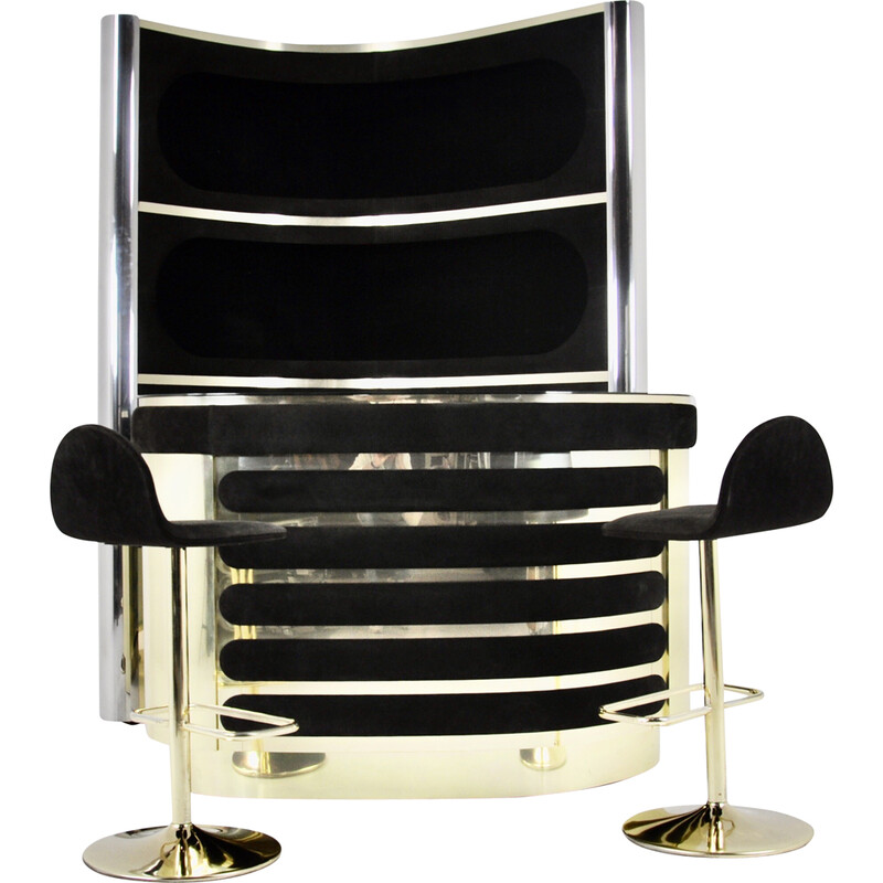 Vintage bar with 2 stools in black suede and chrome metal, 1970