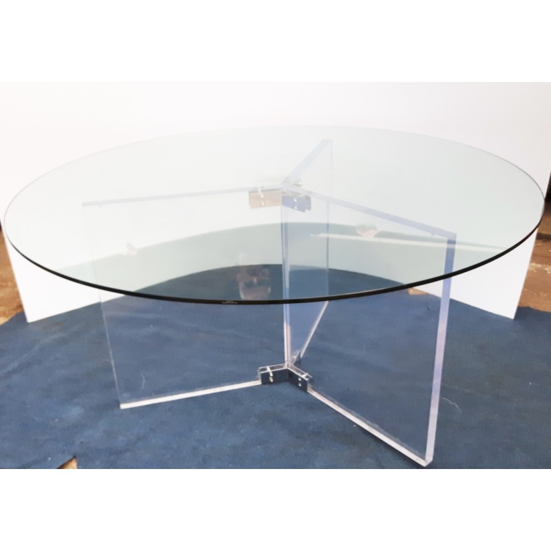 Vintage Space Age round dining table in lucite glass and chrome steel, Belgium 1990