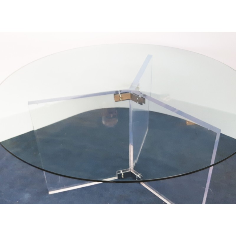 Table à repas vintage Space Age ronde en verre lucite et acier chromé, Belgique 1990