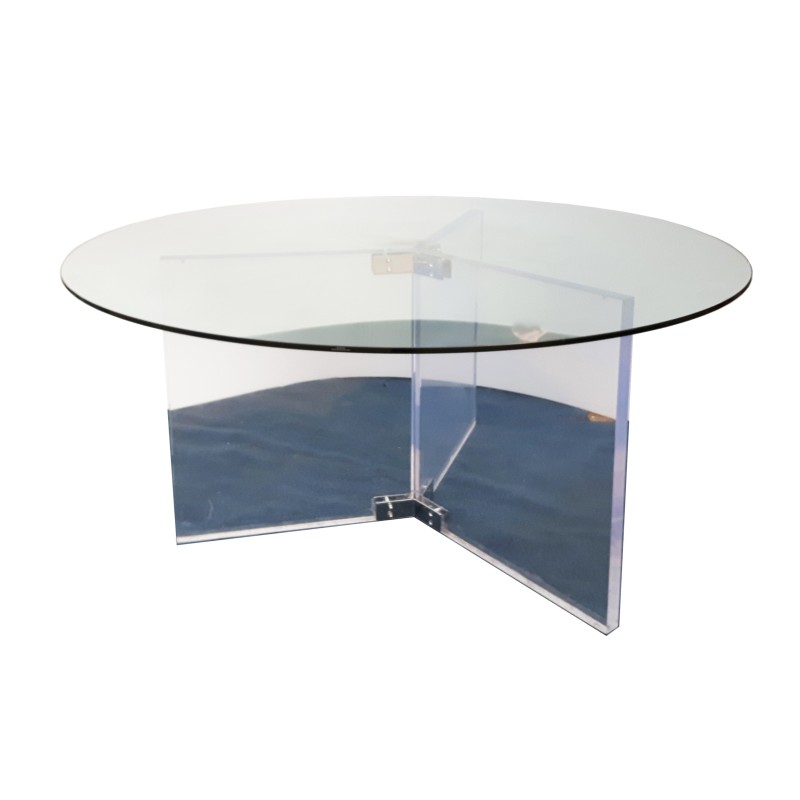 Vintage Space Age round dining table in lucite glass and chrome steel, Belgium 1990
