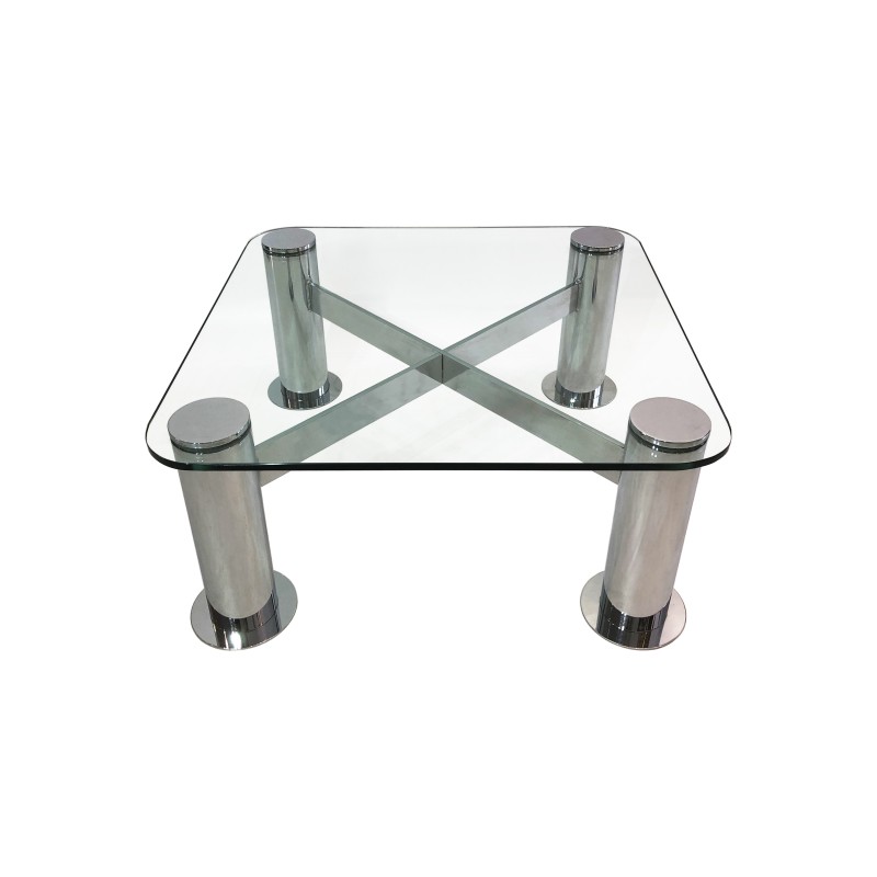 Vintage chrome glass coffee table by Leon Rosen for Pace Collection, Italy 1980