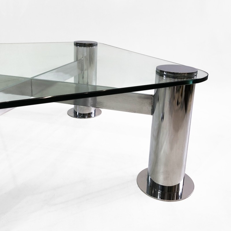 Table basse vintage en verre chromé par Leon Rosen pour Pace Collection, Italie 1980