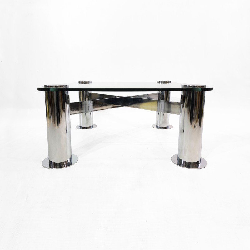 Vintage chrome glass coffee table by Leon Rosen for Pace Collection, Italy 1980