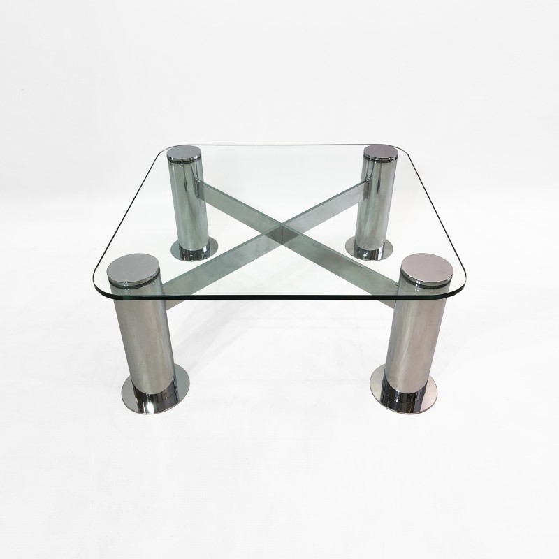 Table basse vintage en verre chromé par Leon Rosen pour Pace Collection, Italie 1980