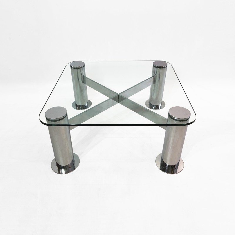 Vintage chrome glass coffee table by Leon Rosen for Pace Collection, Italy 1980