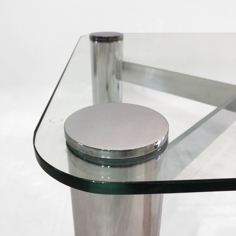 Table basse vintage en verre chromé par Leon Rosen pour Pace Collection, Italie 1980