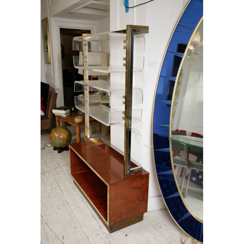 Vintage chrome-plated brass and lucite bookcase by Romeo Rega, Italy 1970