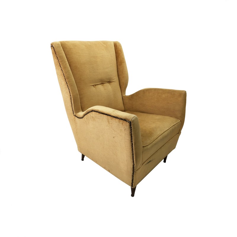 Vintage yellow wingback armchair in wood and fabric by Gio Ponti for I.S.A. Bergamo, England 1950
