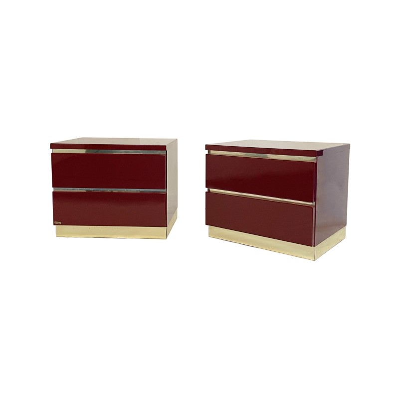 Pair of vintage brass and burgundy bedside tables by Eric Maville, France 1970