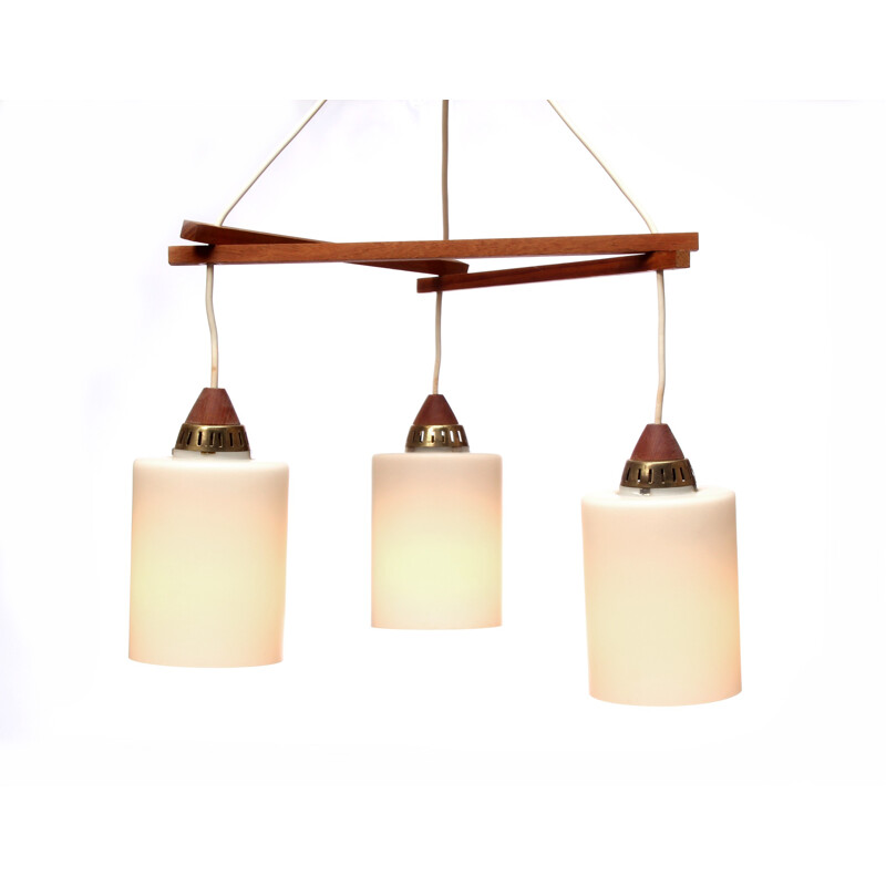 Suspension à 3 bras en teck et verre opaline - 1960