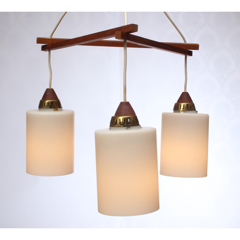 3 armed hanging light in teak opaline - 1960s