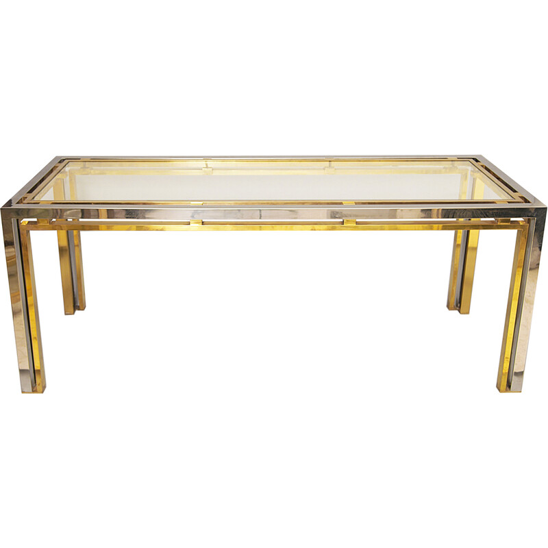 Table console vintage en laiton chromé et verre par Renato Zevi, Italie 1970