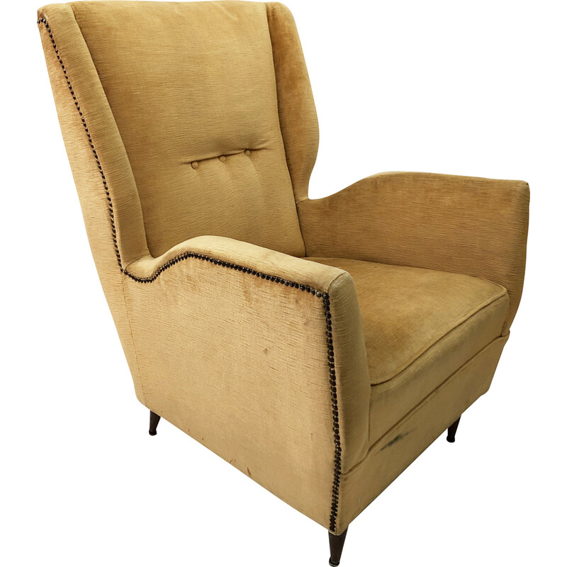 Vintage yellow wingback armchair in wood and fabric by Gio Ponti for I.S.A. Bergamo, England 1950