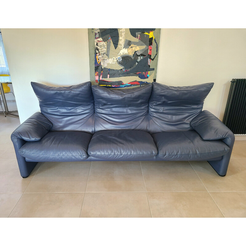 Vintage Maralunga 3-seater sofa with blue leather ottoman by Vico Magistretti for Cassina