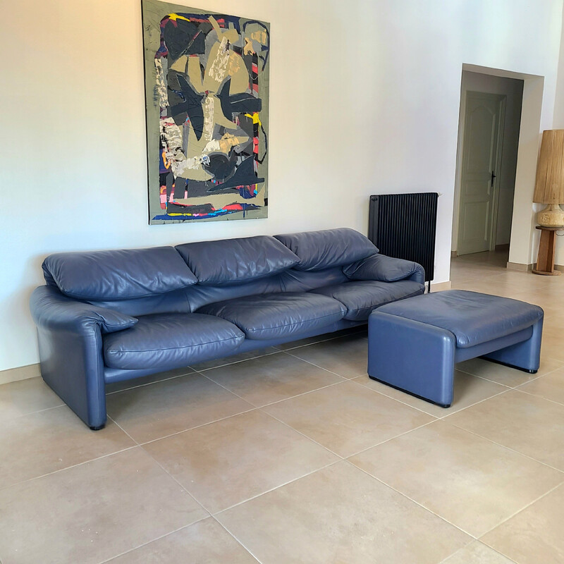 Vintage Maralunga 3-seater sofa with blue leather ottoman by Vico Magistretti for Cassina