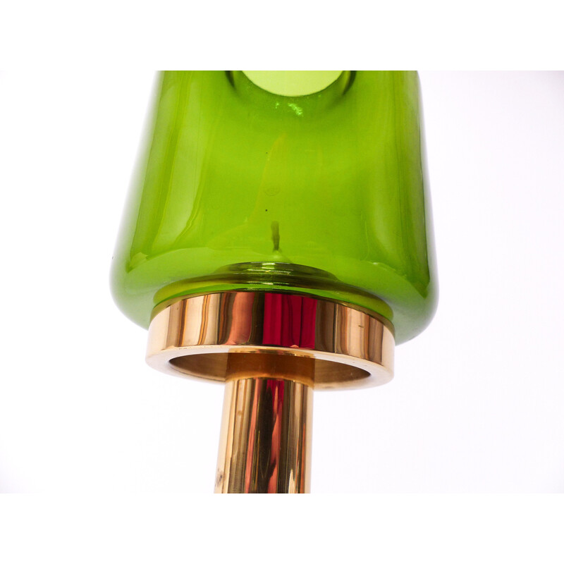 Vintage candlestick in gilded brass and green-tinted glass by Hans-Agne Jakobsson for Markaryd, 1960