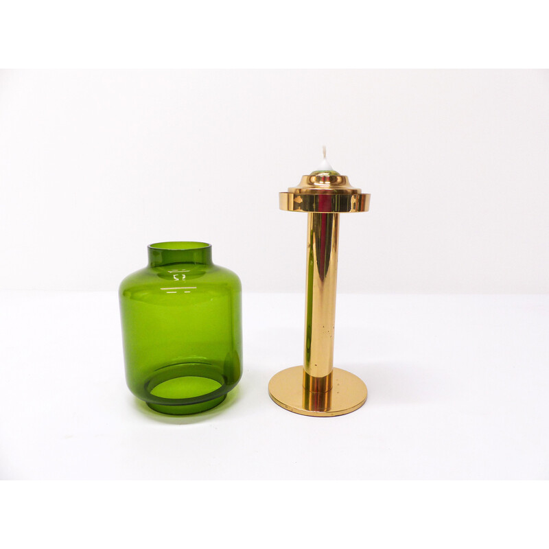 Vintage candlestick in gilded brass and green-tinted glass by Hans-Agne Jakobsson for Markaryd, 1960