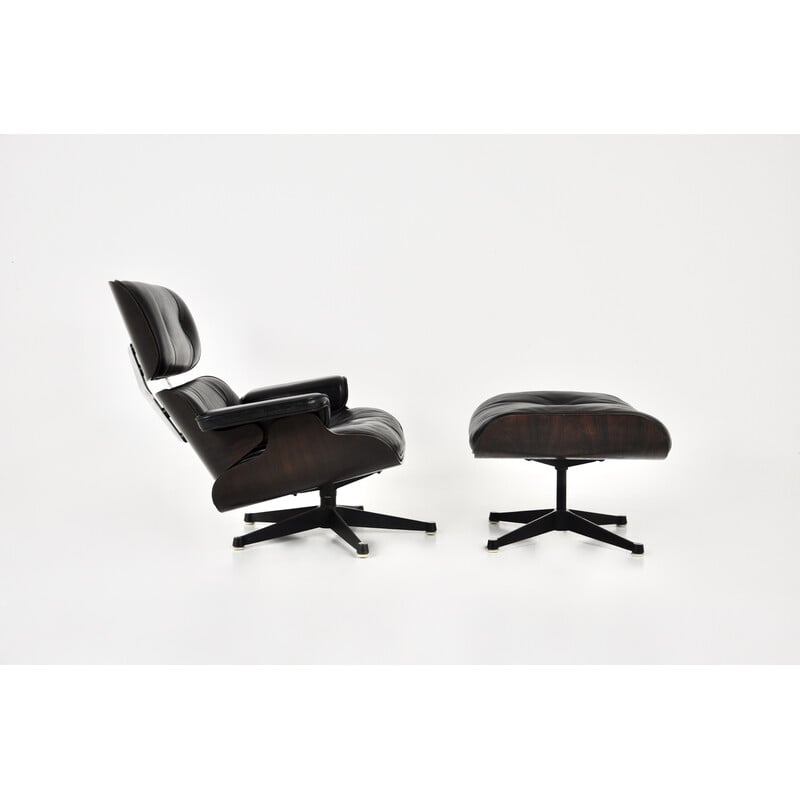 Fauteuil vintage avec ottoman en cuir noir et bois de Charles et Ray Eames pour Icf, 1970