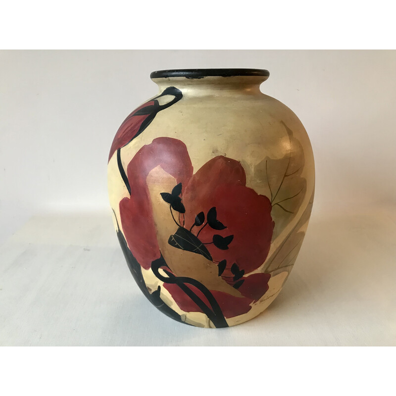 Vintage ceramic vase with flower design by Louis Giraud for Vallauris, 1940