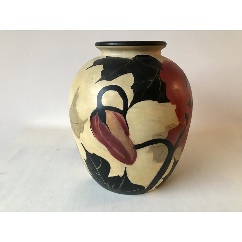 Vintage ceramic vase with flower design by Louis Giraud for Vallauris, 1940