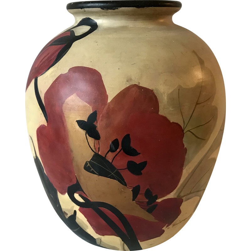 Jarra de cerâmica vintage com desenho de flores de Louis Giraud para Vallauris, 1940