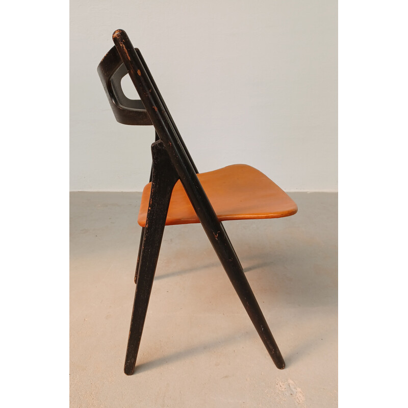 Chaise vintage Sawbuck en cuir par Hans Wegner pour Carl Hansen et Fils, 1950
