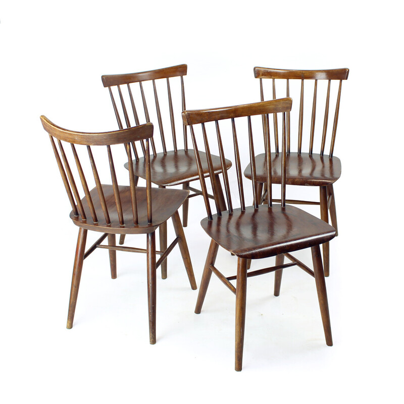Set van 4 vintage Ironica stoelen van eikenhout en multiplex voor Ton, Tsjecho-Slowakije 1960