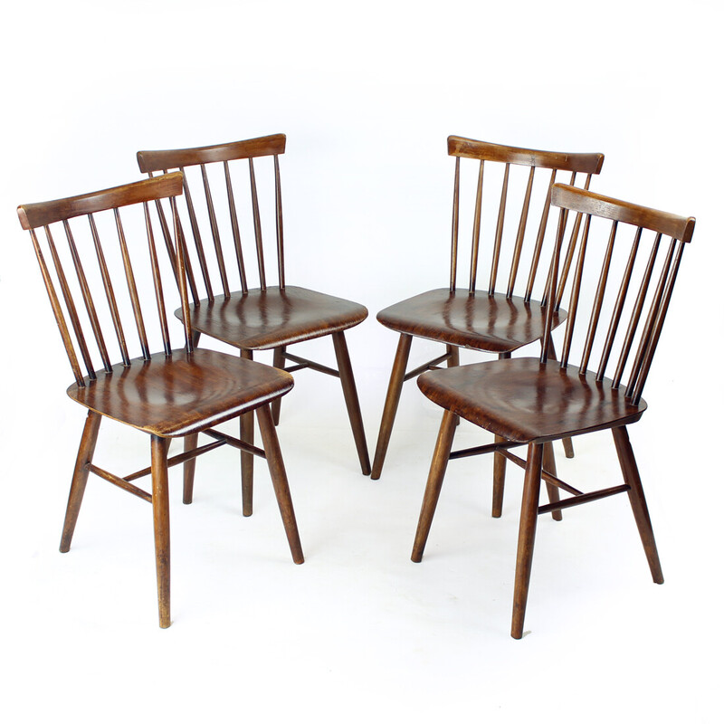 Set of 4 vintage Ironica chairs in oak wood and plywood for Ton, Czechoslovakia 1960