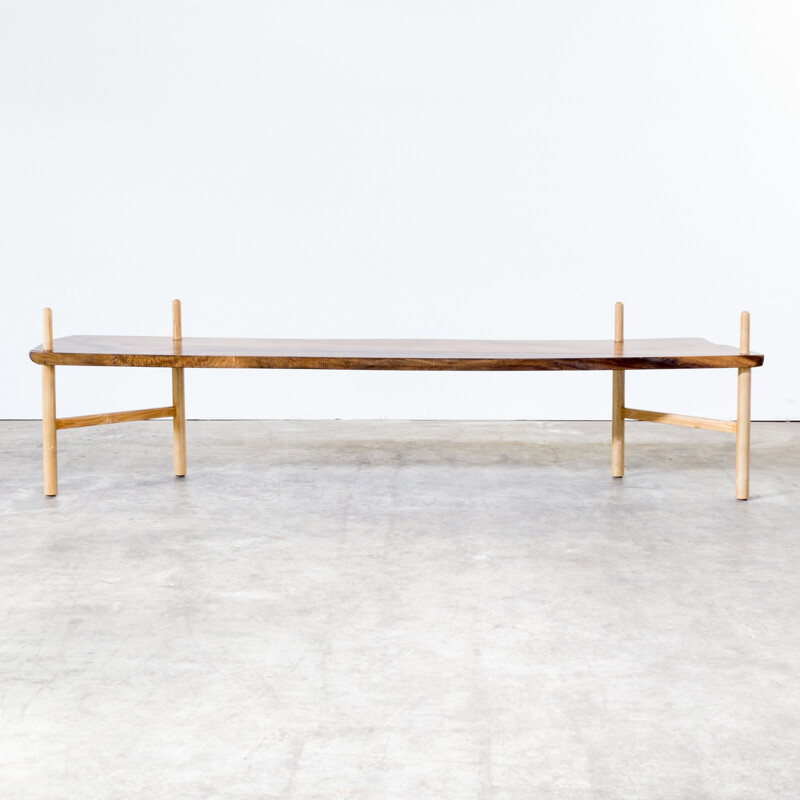 Long mid century walnut wooden bench - 1970s