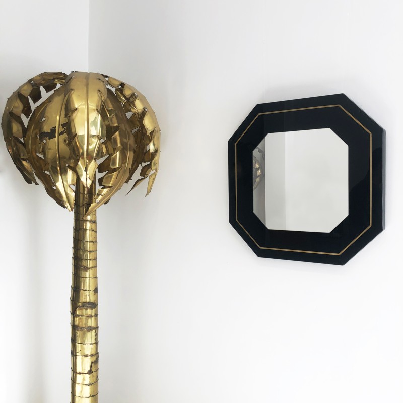 Vintage octagonal mirror in black brass by Eric Maville, France 1970