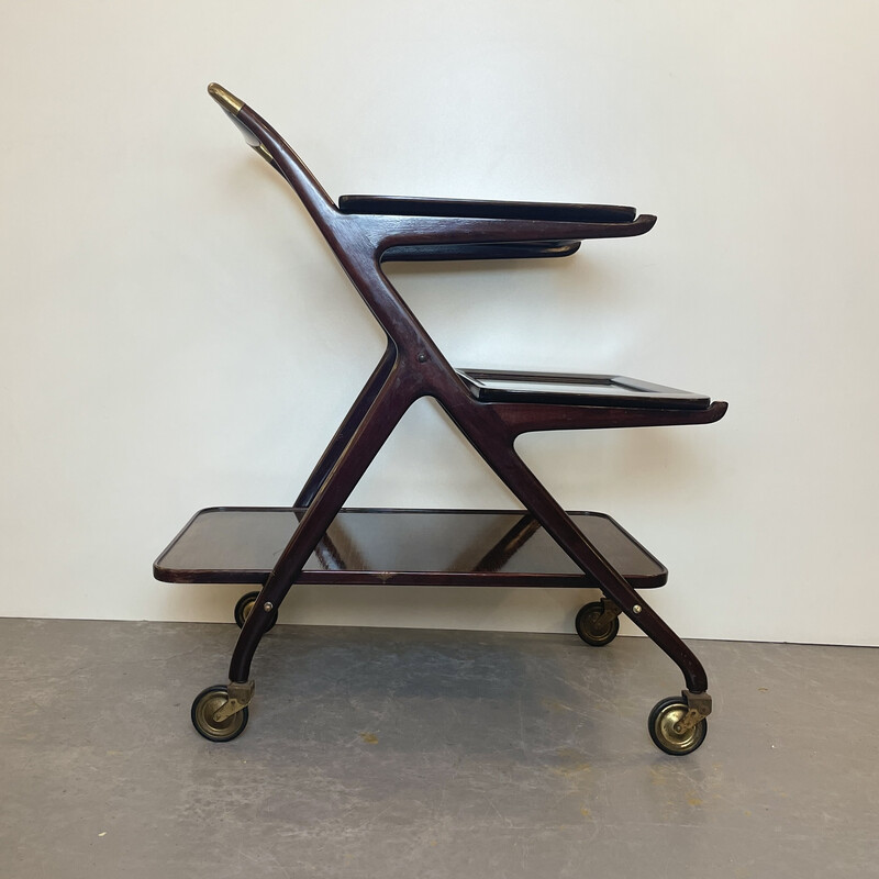 Vintage mahogany and brass bar cart by Cesare Lacca for Cassina, Italy 1950