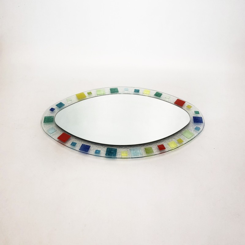 Vintage oval mirror in blown Murano glass and veneered wood for Barovier and Toso, Italy 1970