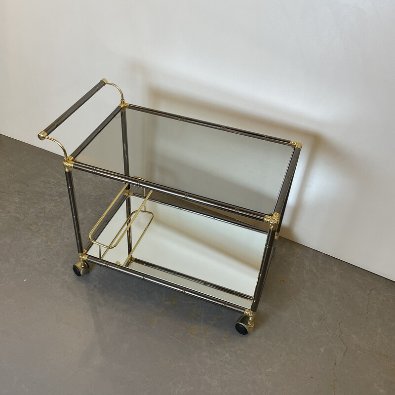 Vintage bar cart in bronze and smoked glass, Belgium 1980
