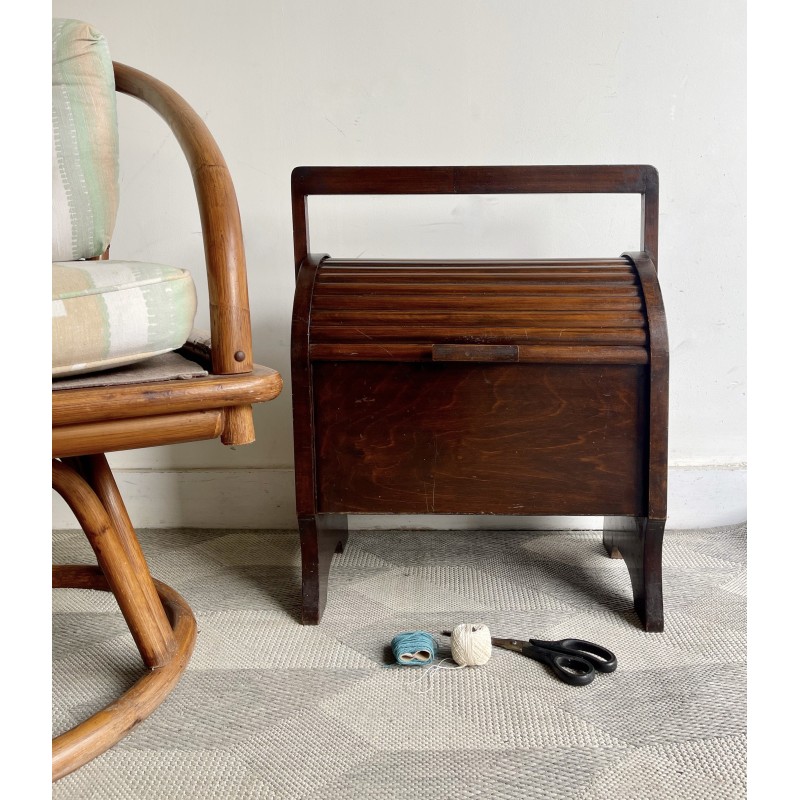 Boîte à couture vintage en bois avec porte à tambour, 1950