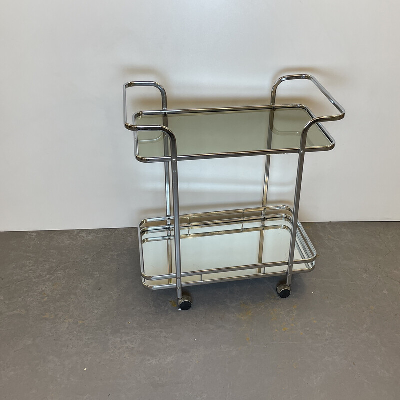 Vintage bar cart in chrome steel and smoked glass, Belgium 1970