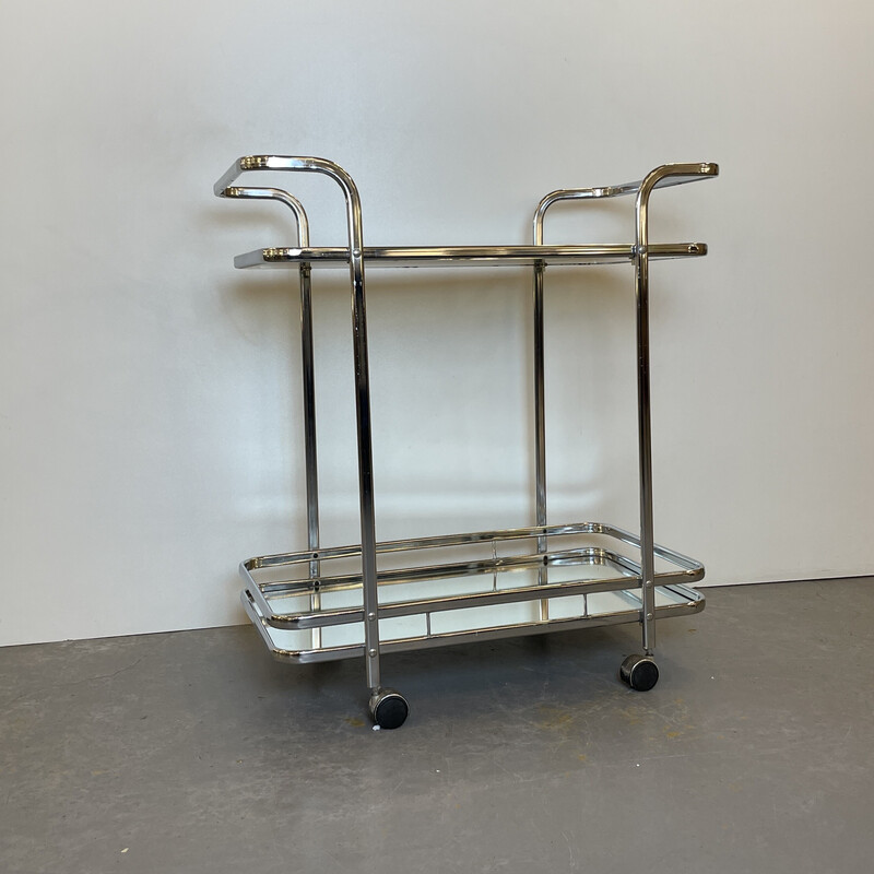 Vintage bar cart in chrome steel and smoked glass, Belgium 1970