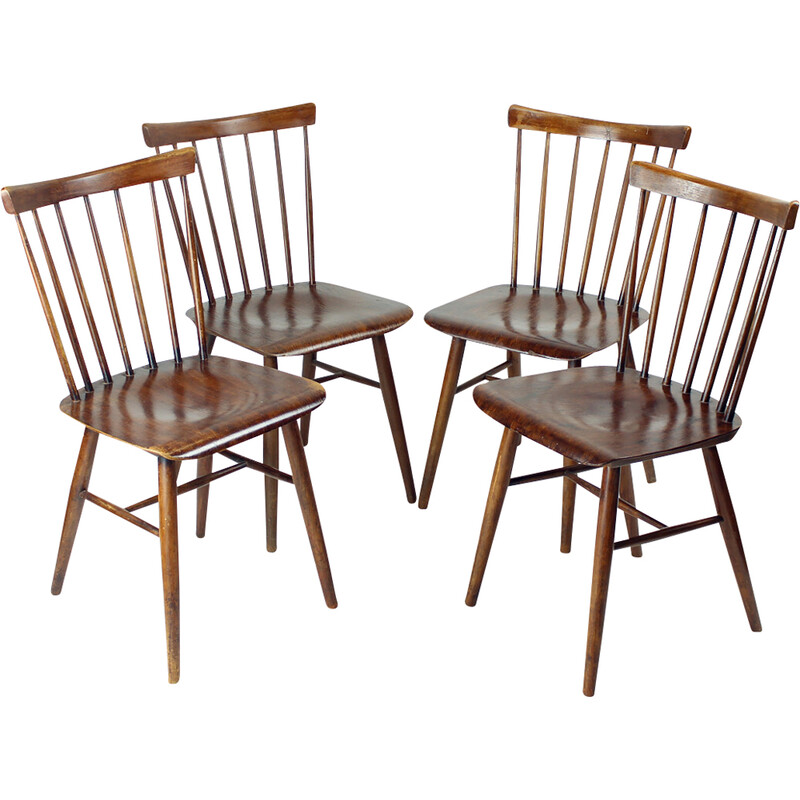 Set of 4 vintage Ironica chairs in oak wood and plywood for Ton, Czechoslovakia 1960