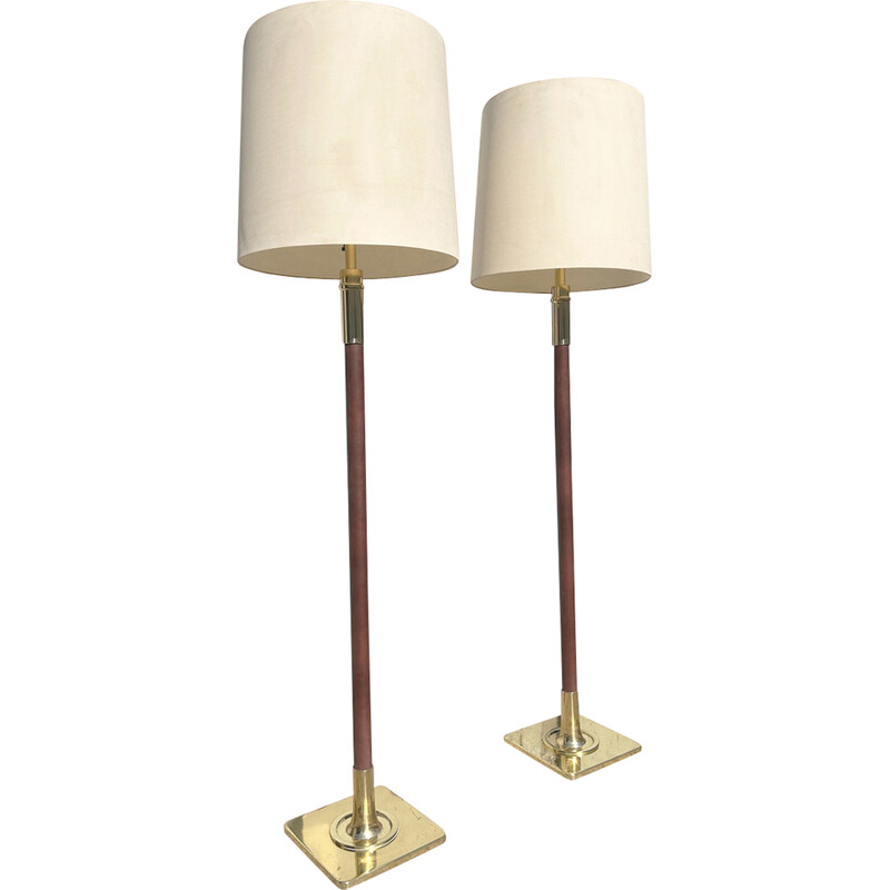 Pair of vintage floor lamps in gilded brass and brown leather for Metalarte, 1970