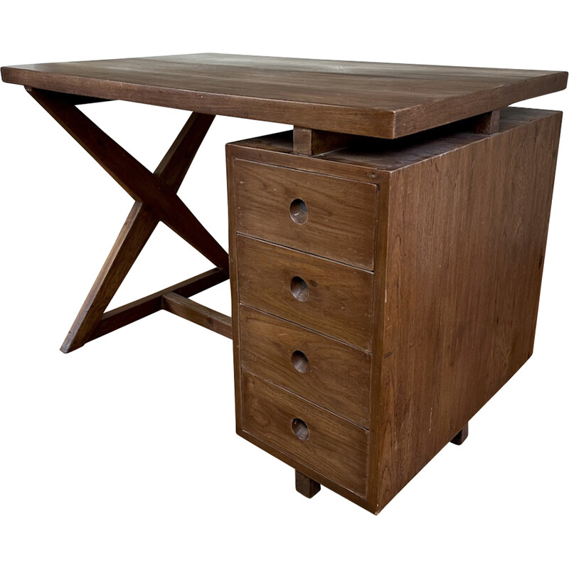 Vintage teak administrative desk with 4 drawers by Pierre Jeanneret for Chandigarh, India 1960