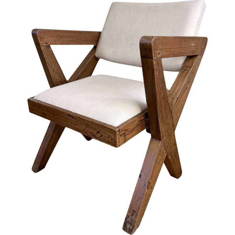 Vintage auditorium chair in teak and fabric by Pierre Jeanneret for Chandigarh, India 1960